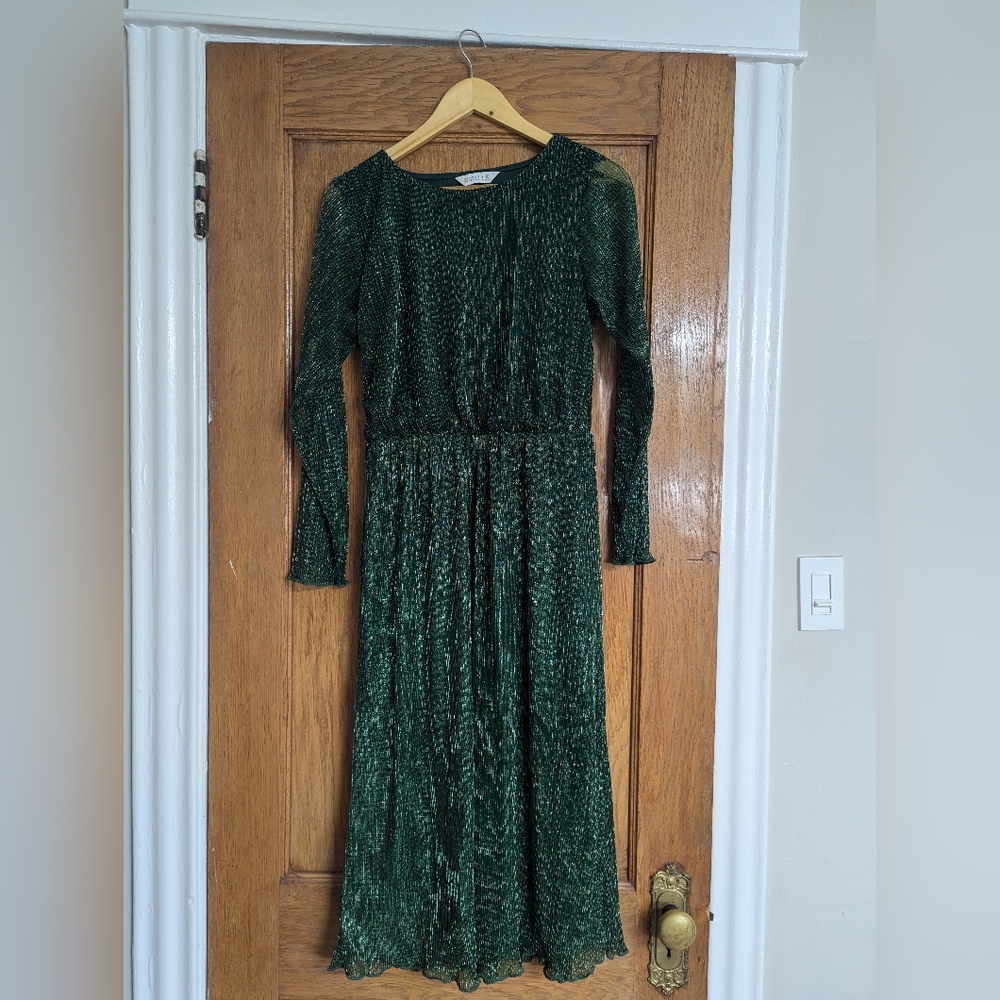 Compania Fantastica Lurex Sparkly Green Long Sleeve Midi-Dress - Size Medium